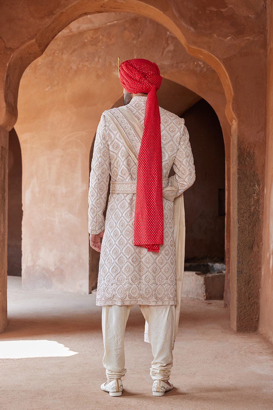 Ivory Embroidered Taffeta Silk Sherwani (3-Piece) - Image 5