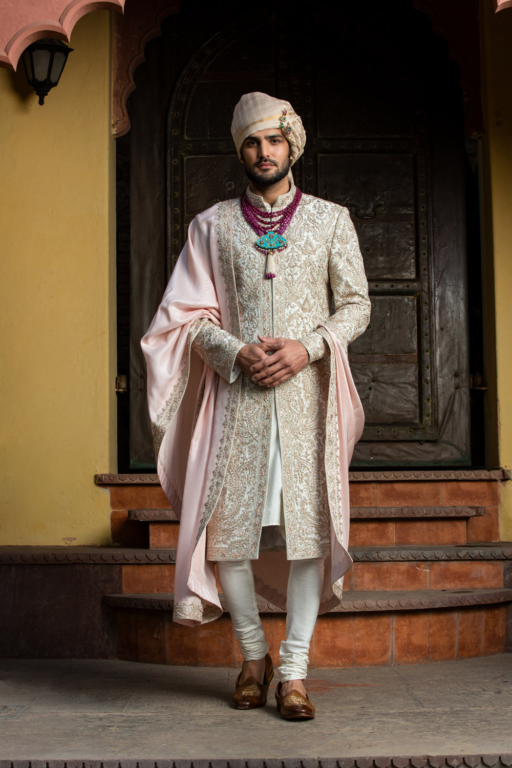 Ivory Embroidered Taffeta Silk Sherwani (3-Piece) - Image 1