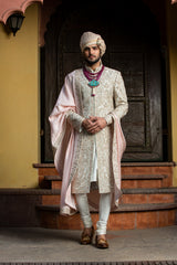 Ivory Embroidered Taffeta Silk Sherwani (3-Piece) - Image 2
