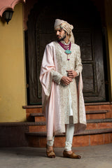 Ivory Embroidered Taffeta Silk Sherwani (3-Piece) - Image 4