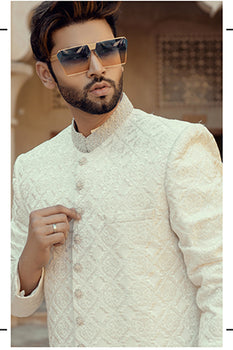 Ivory Pearl-Beaded Textured Sherwani (2-Piece) - Image 1