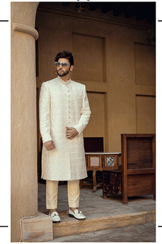 Ivory Pearl-Beaded Textured Sherwani (2-Piece) - Image 2