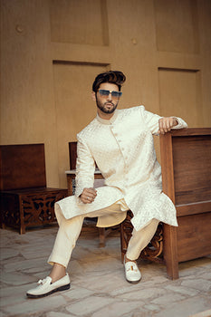 Ivory Pearl-Beaded Textured Sherwani (2-Piece) - Image 3