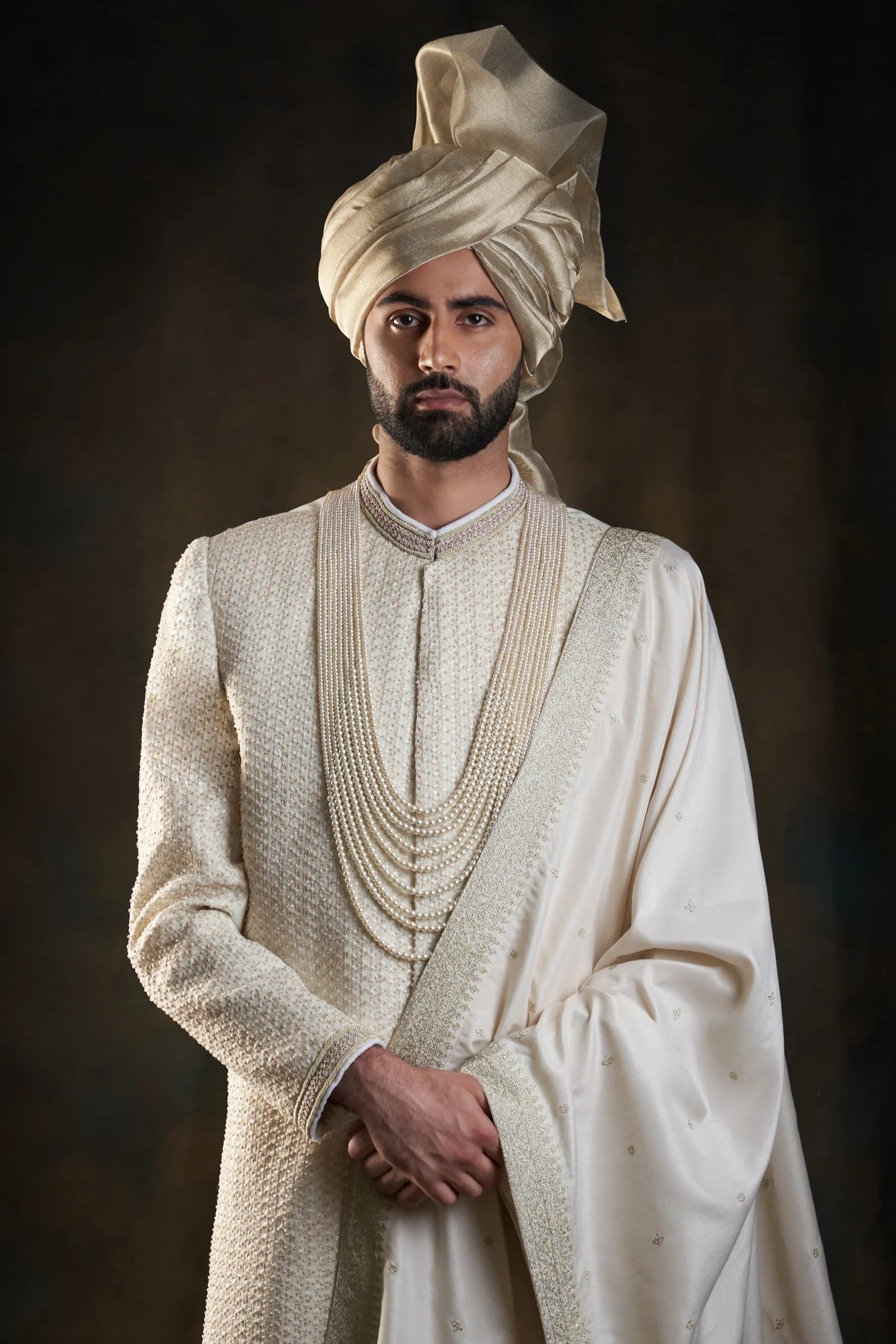 Warm White Embroidered Textured Sherwani (3-Piece) - Image 1