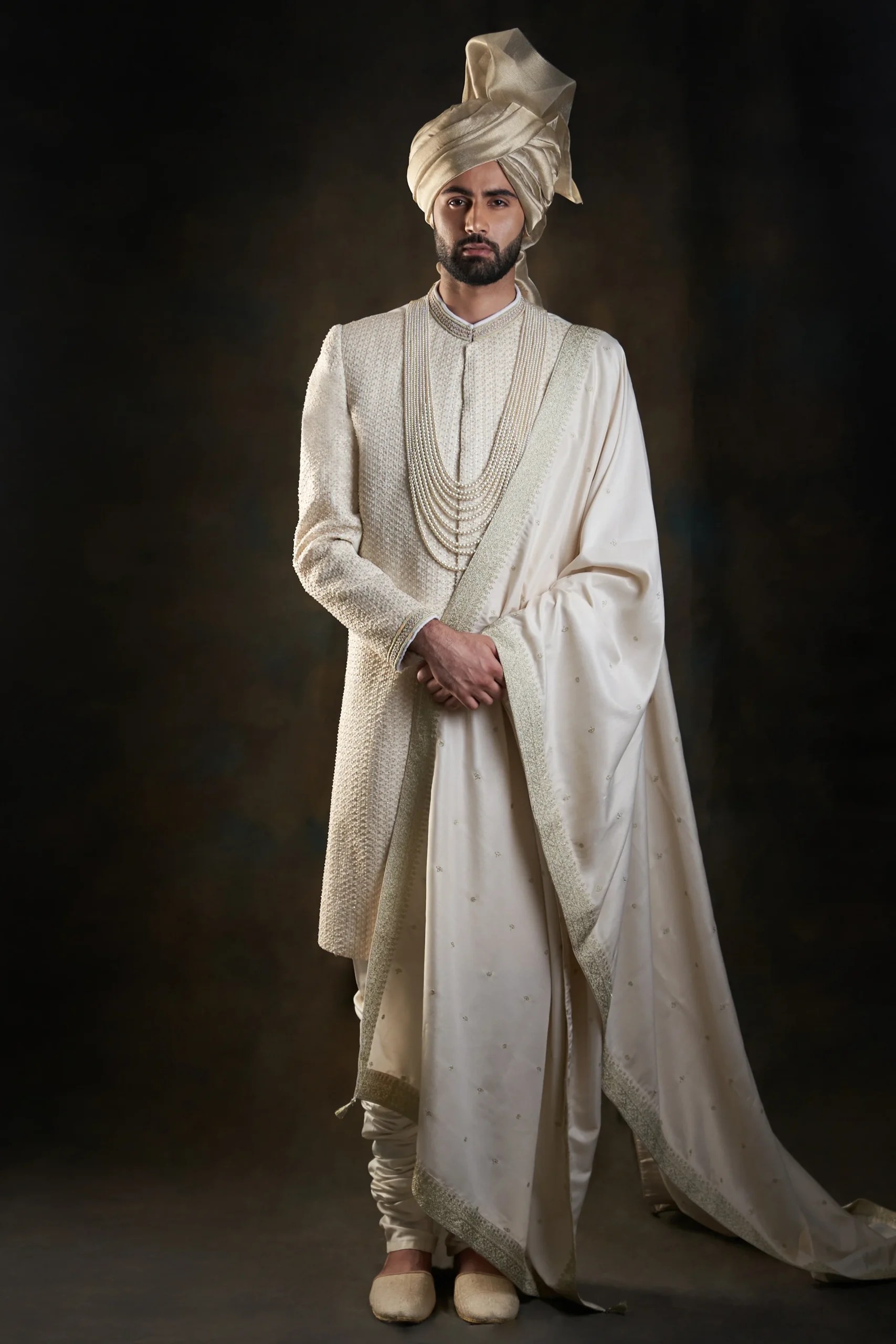 Warm White Embroidered Textured Sherwani (3-Piece) - Image 2