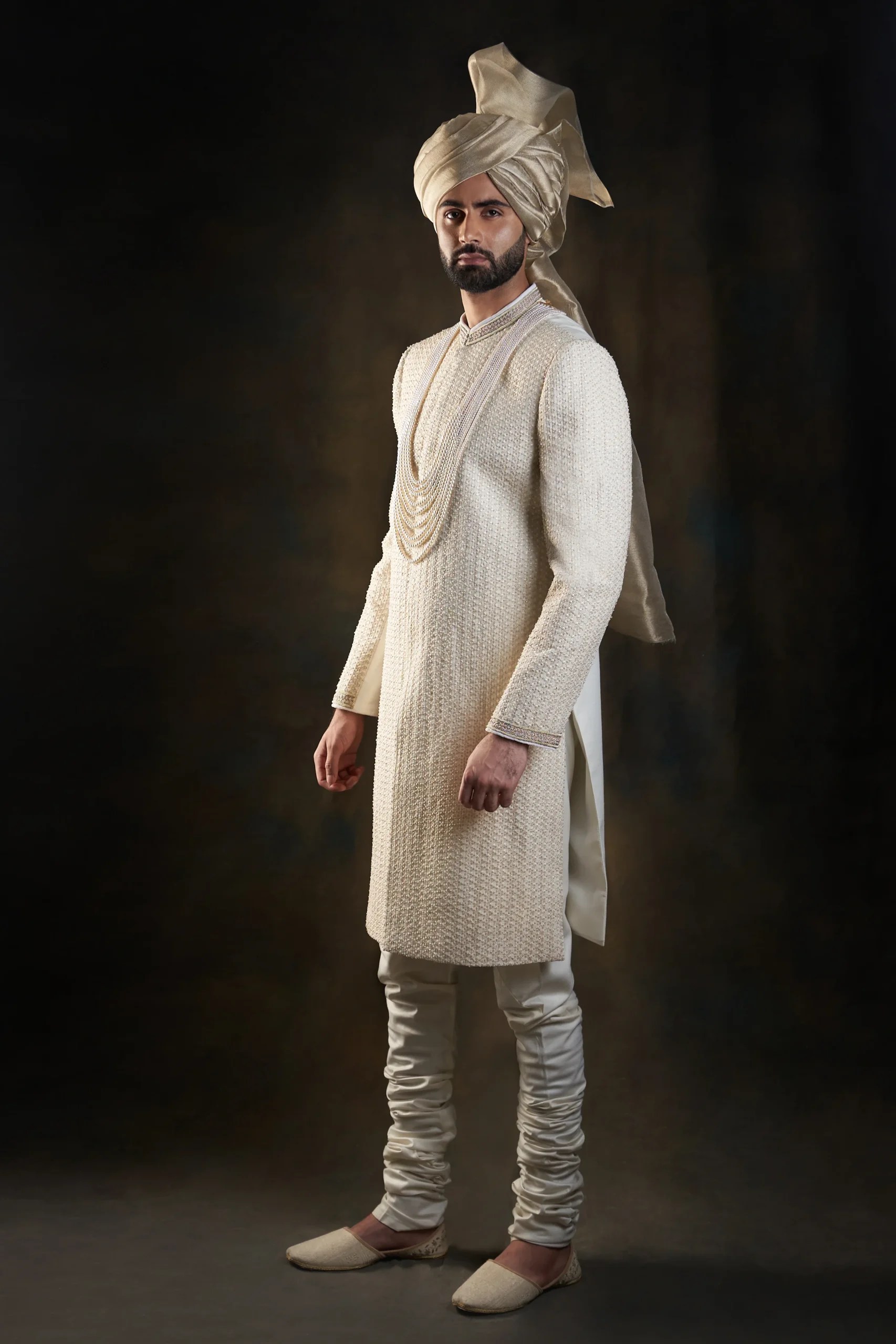 Warm White Embroidered Textured Sherwani (3-Piece) - Image 3