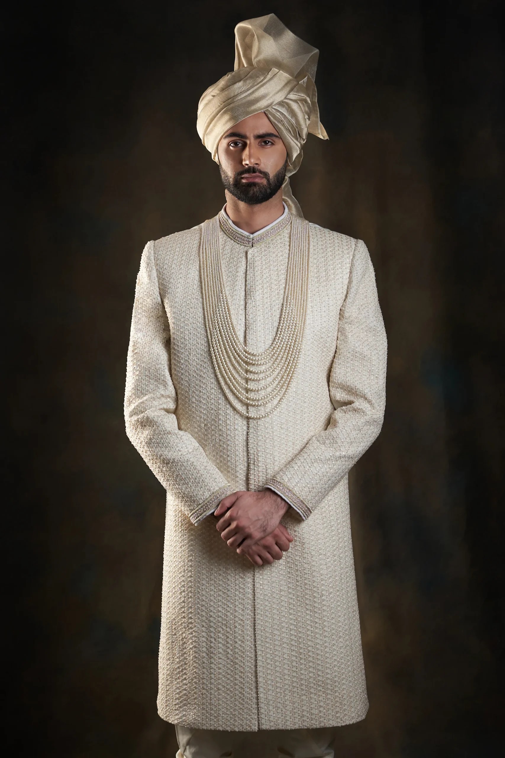 Warm White Embroidered Textured Sherwani (3-Piece) - Image 4