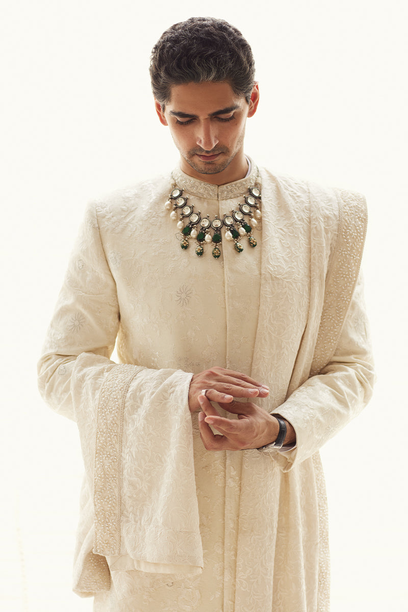 Ivory Embroidered Tropical Fabric Groom Sherwani (3-Piece) - Image 1