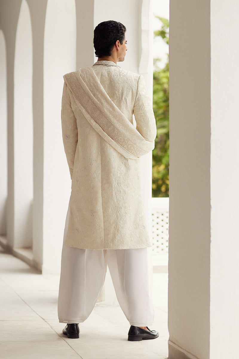 Ivory Embroidered Tropical Fabric Groom Sherwani (3-Piece) - Image 4