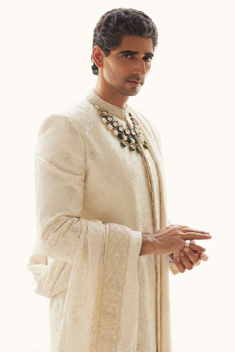 Ivory Embroidered Tropical Fabric Groom Sherwani (3-Piece) - Image 2