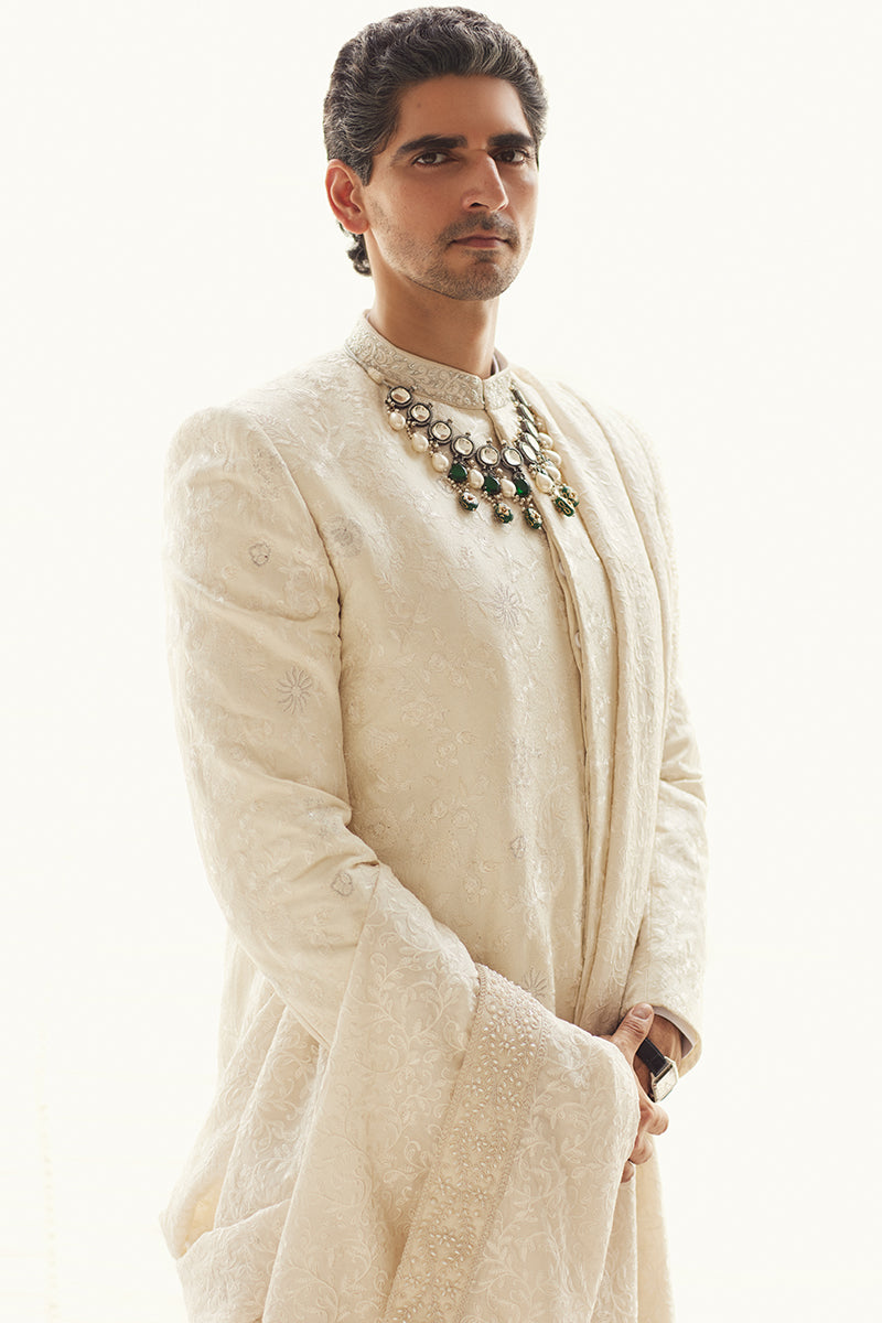Ivory Embroidered Tropical Fabric Groom Sherwani (3-Piece) - Image 3