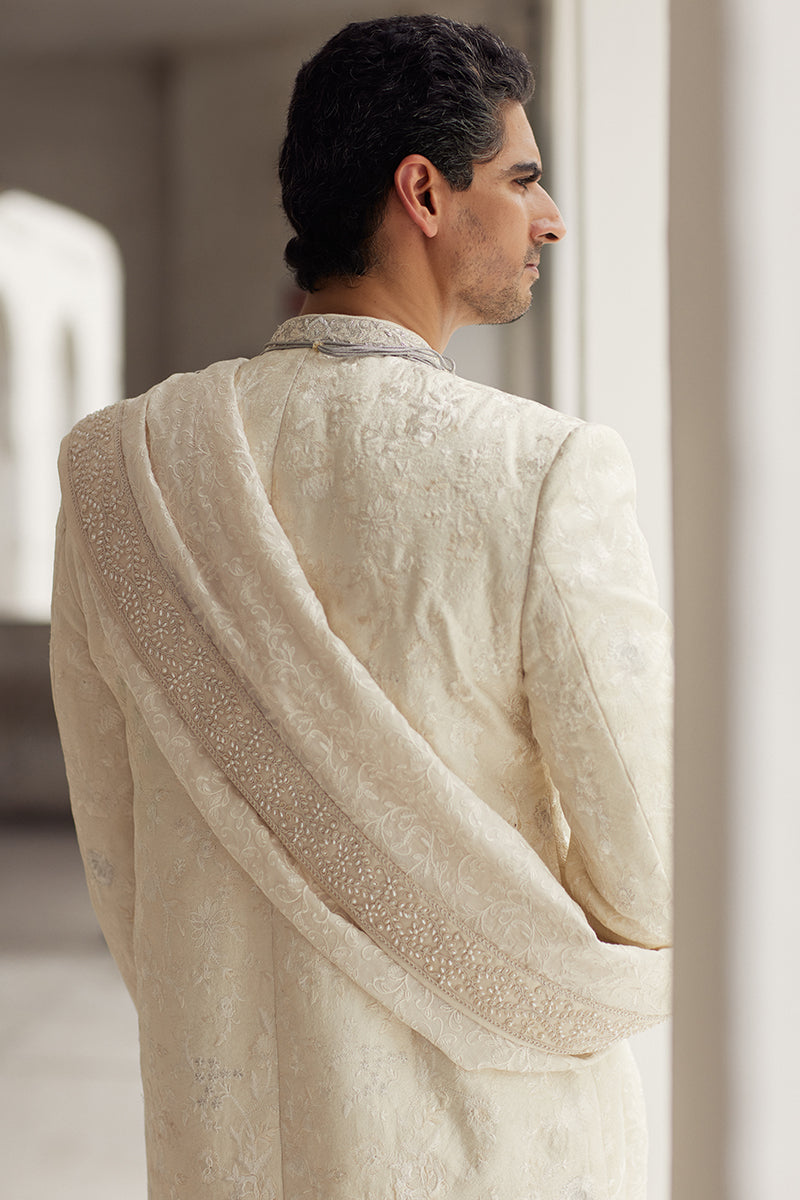 Ivory Embroidered Tropical Fabric Groom Sherwani (3-Piece) - Image 5