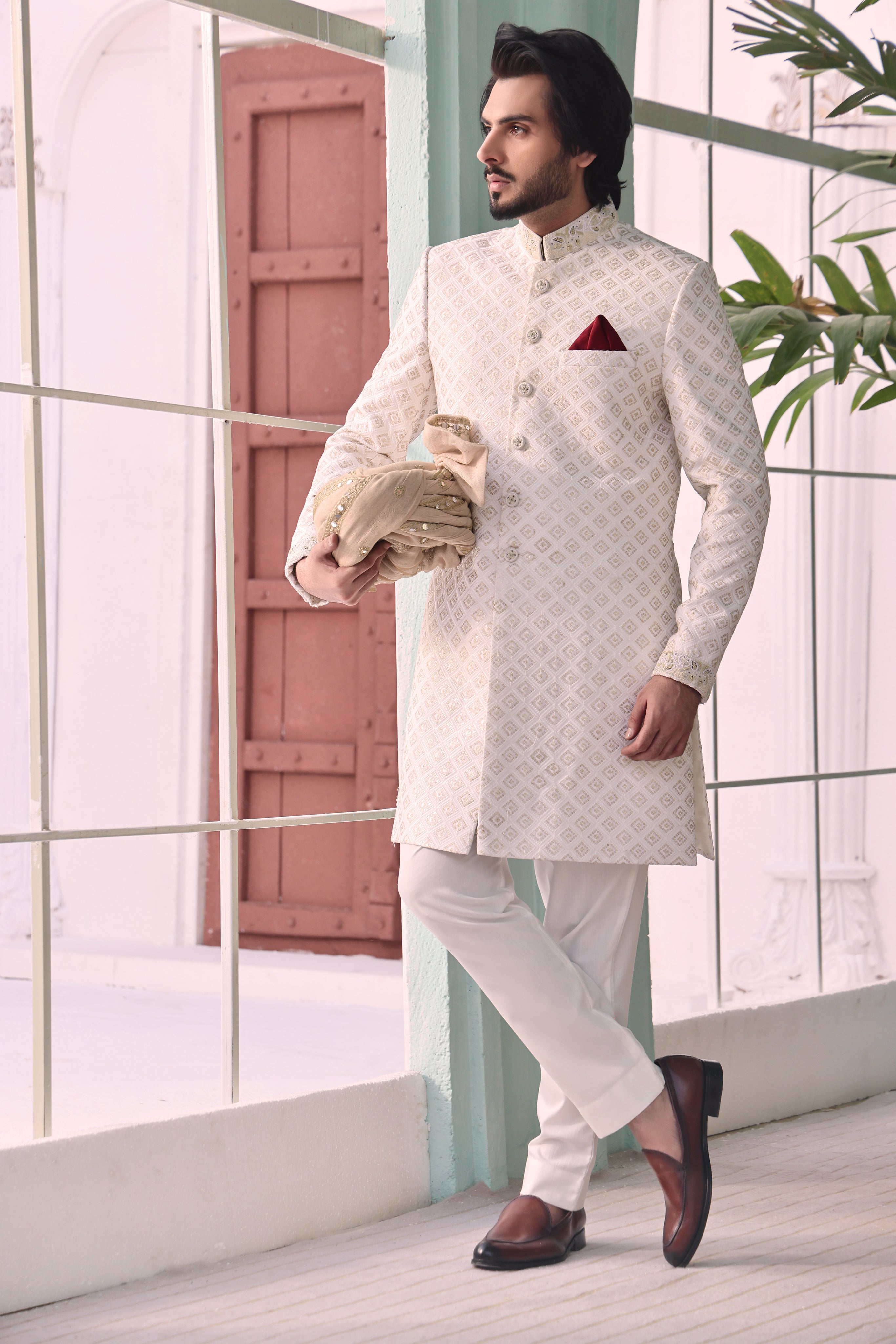 Ivory Hand Embroidered Vegenza Groom Sherwani (2-Piece) - Image 1