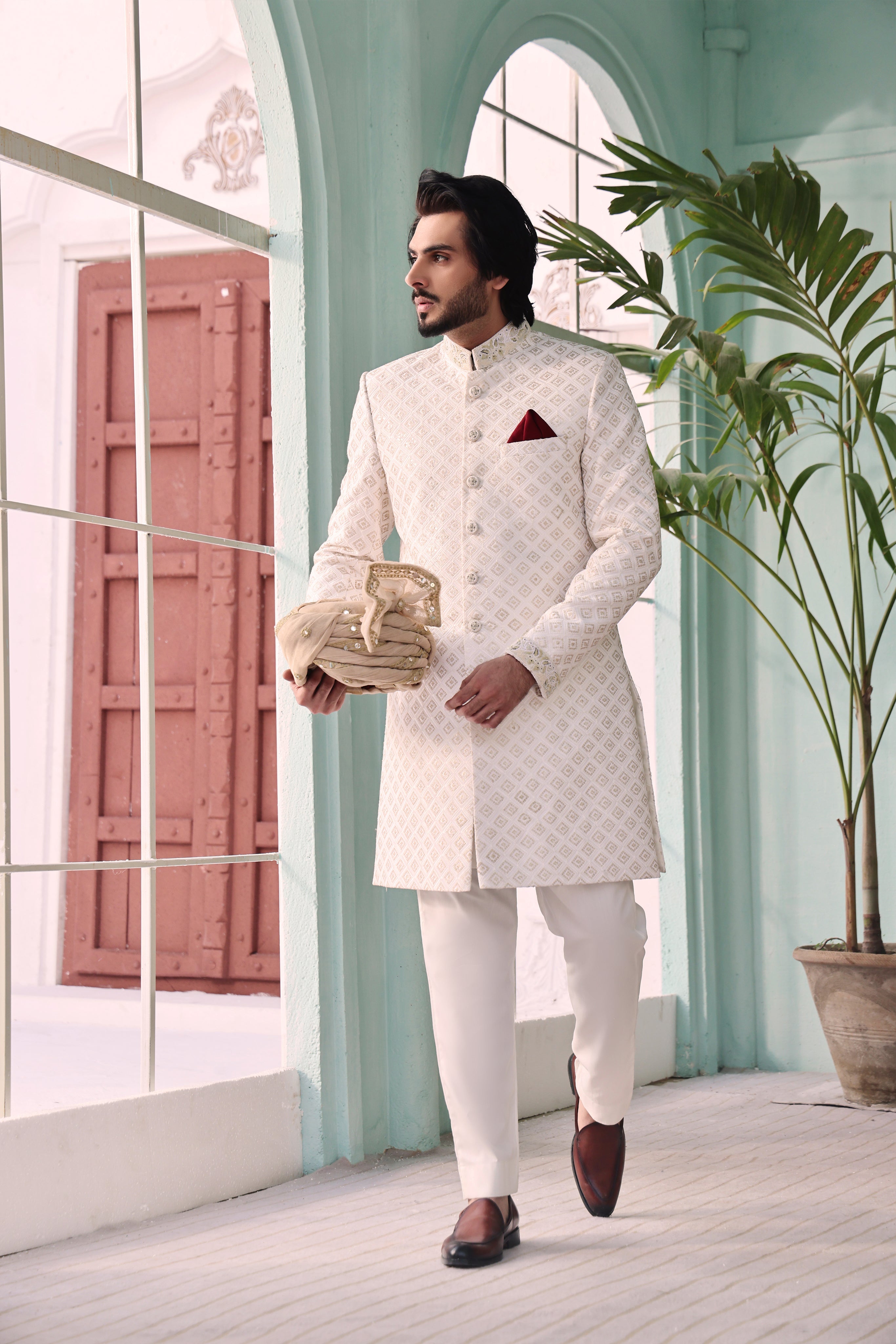 Ivory Hand Embroidered Vegenza Groom Sherwani (2-Piece) - Image 2