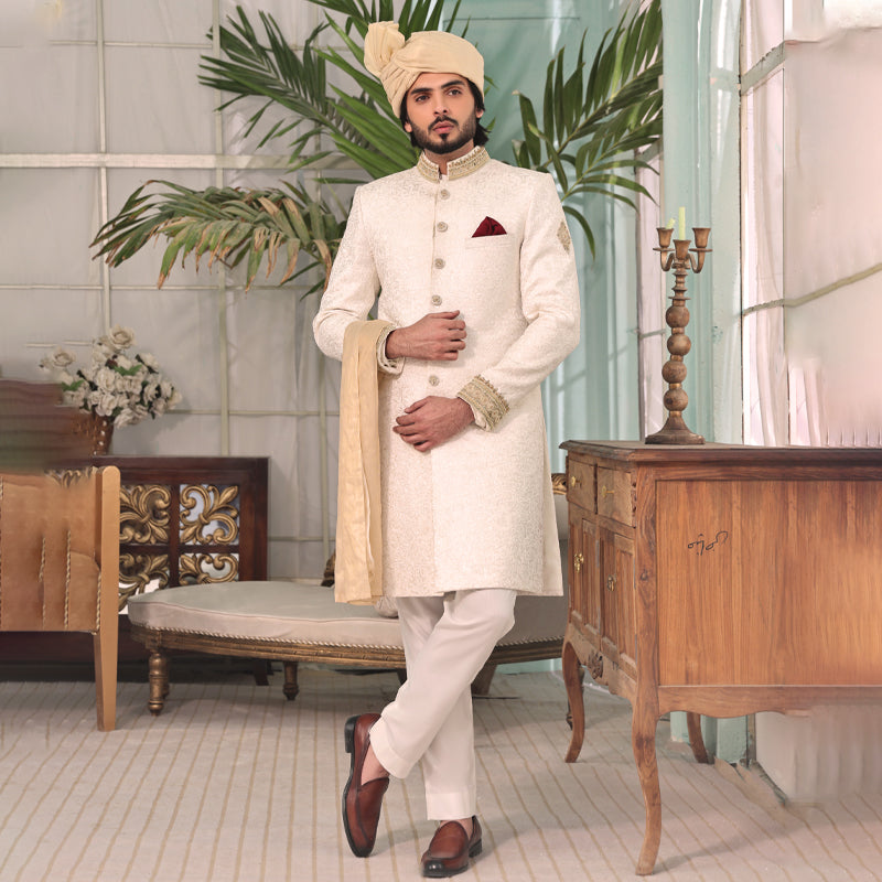 Ivory Hand-Embroidered Vegenza Sherwani (4-Piece) - Image 1