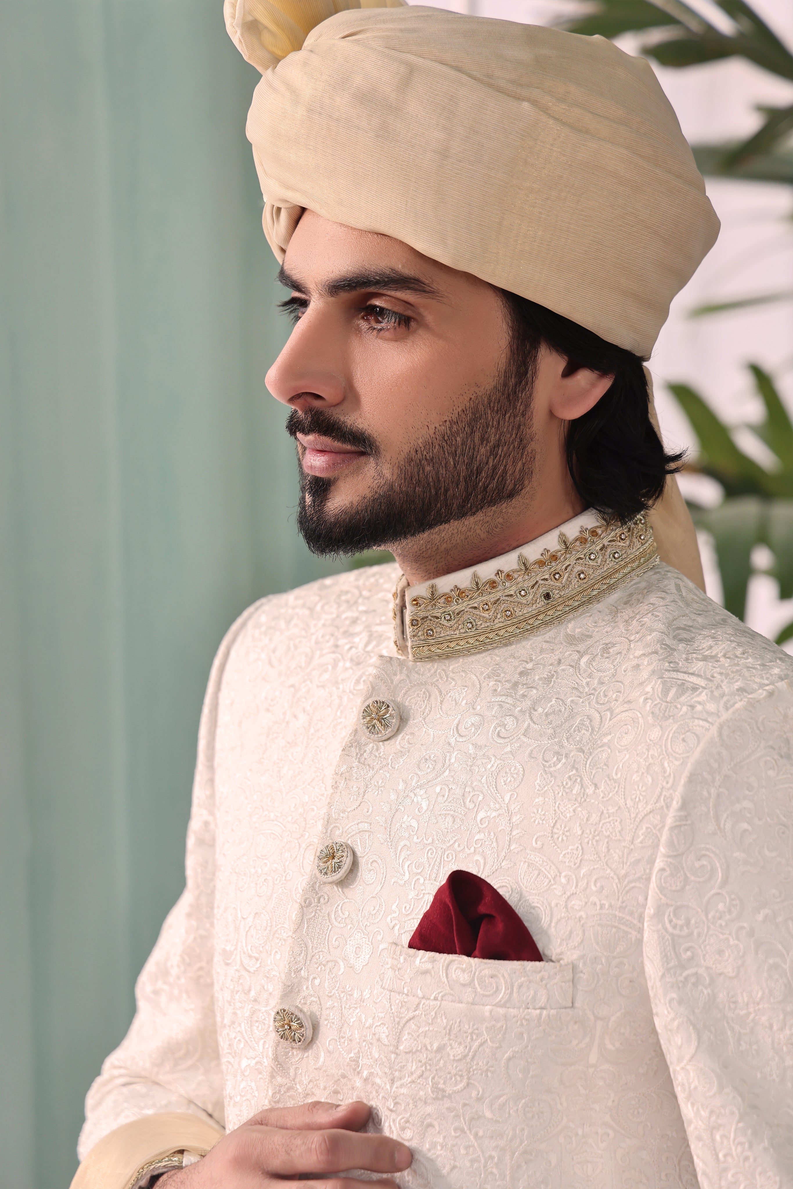 Ivory Hand-Embroidered Vegenza Sherwani (4-Piece) - Image 2
