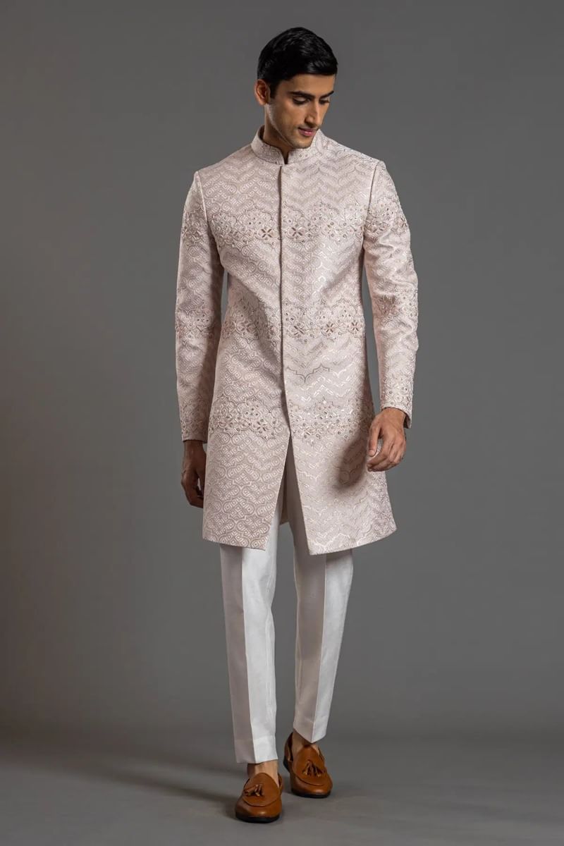 Off-White Resham & Zardozi Italian Fabric Sherwani (2-Piece) - Image 1