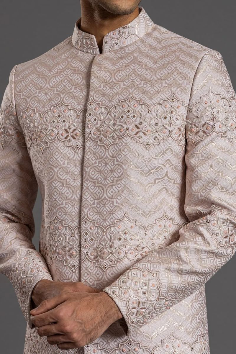 Off-White Resham & Zardozi Italian Fabric Sherwani (2-Piece) - Image 2