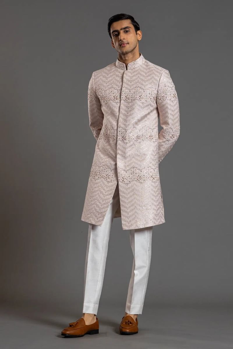 Off-White Resham & Zardozi Italian Fabric Sherwani (2-Piece) - Image 3