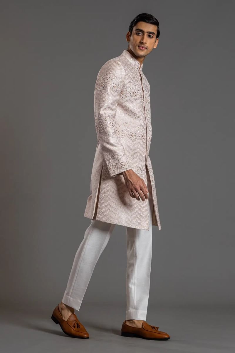 Off-White Resham & Zardozi Italian Fabric Sherwani (2-Piece) - Image 4
