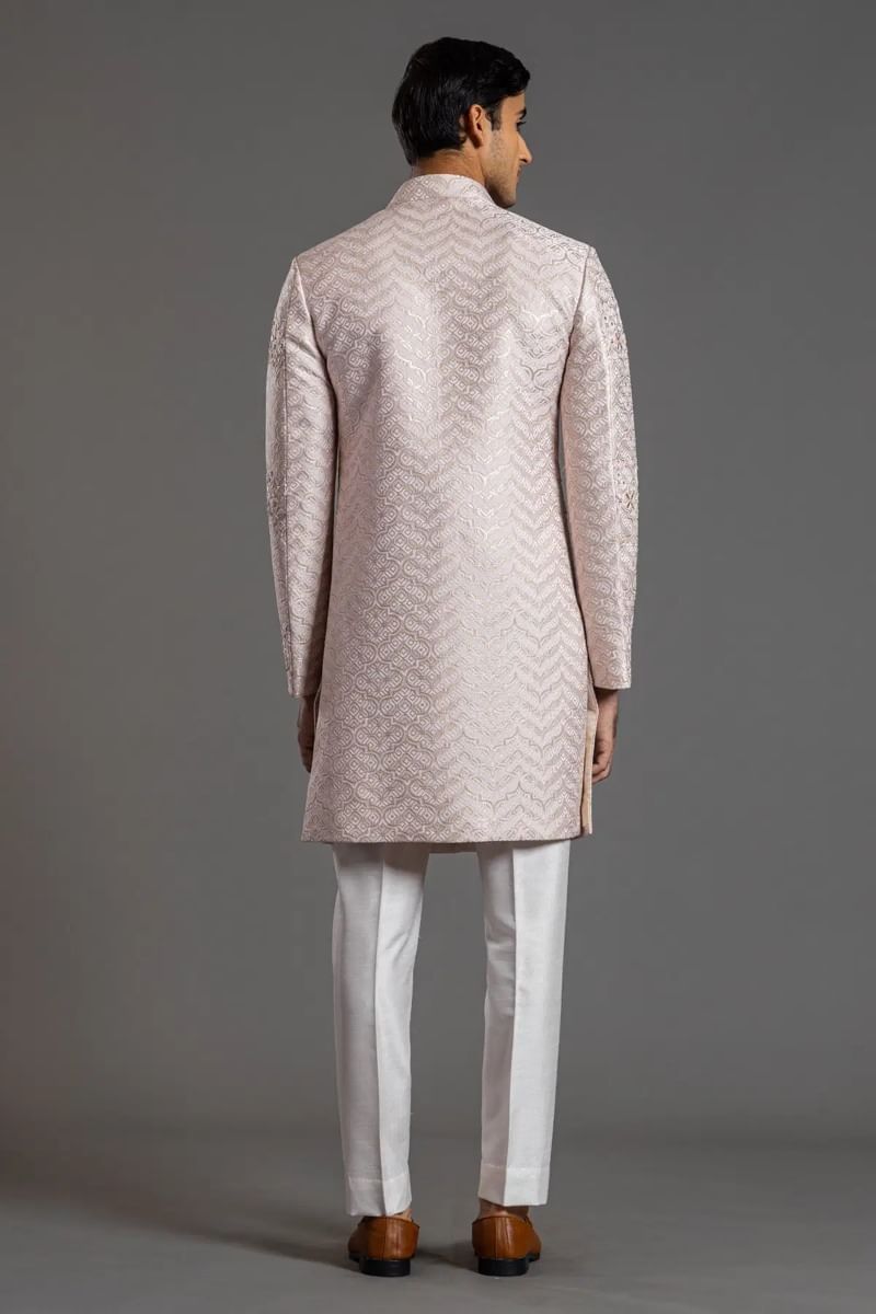 Off-White Resham & Zardozi Italian Fabric Sherwani (2-Piece) - Image 5
