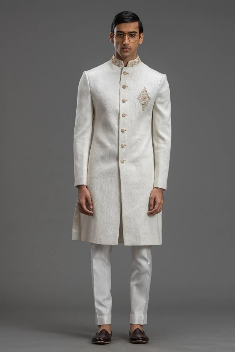 Off-White Zardosi Jute Indo-Western Sherwani (2-Piece) - Image 1