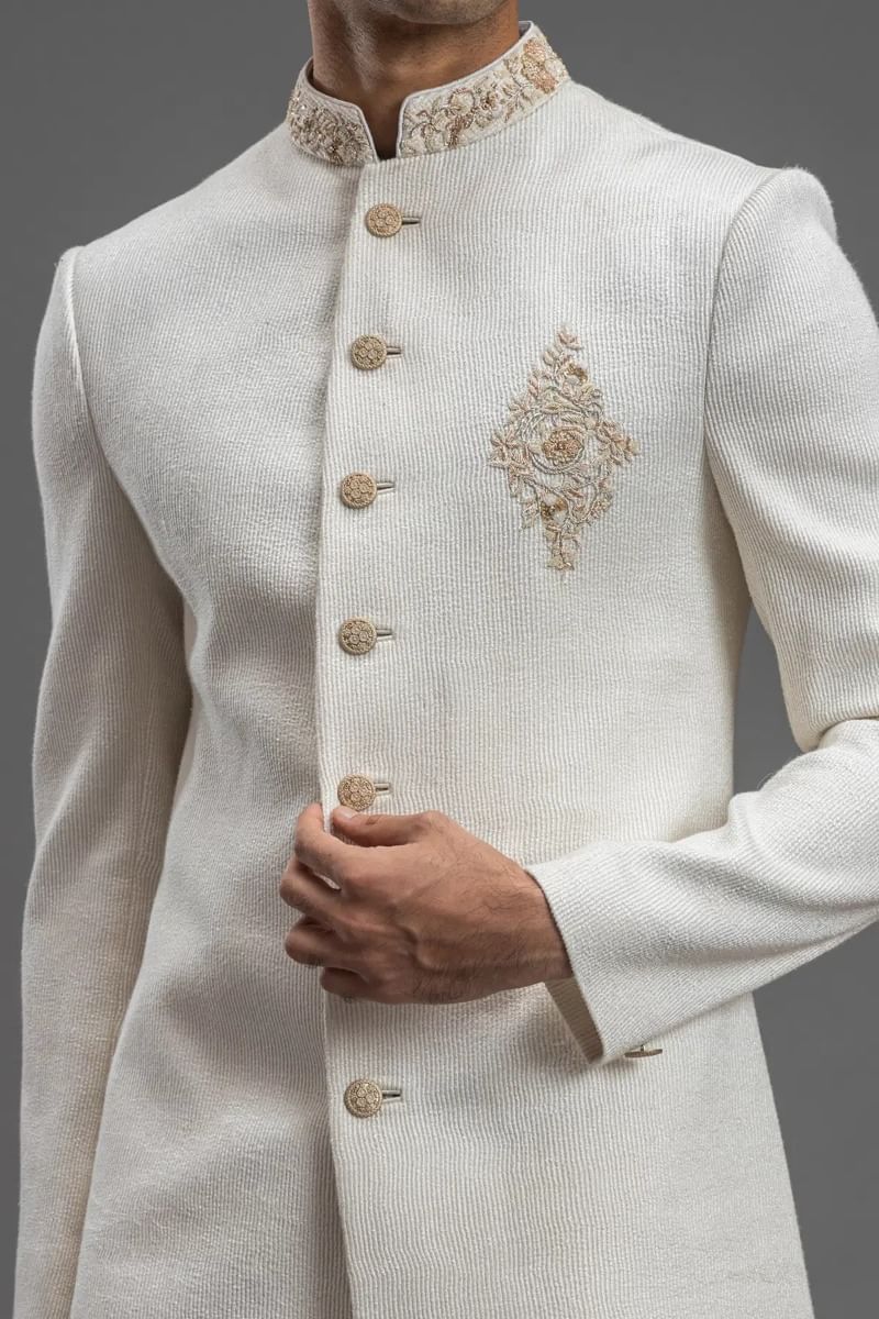 Off-White Zardosi Jute Indo-Western Sherwani (2-Piece) - Image 2