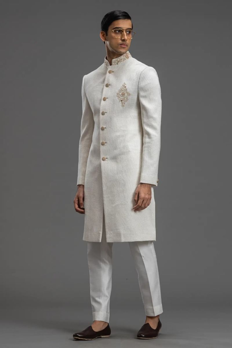 Off-White Zardosi Jute Indo-Western Sherwani (2-Piece) - Image 3