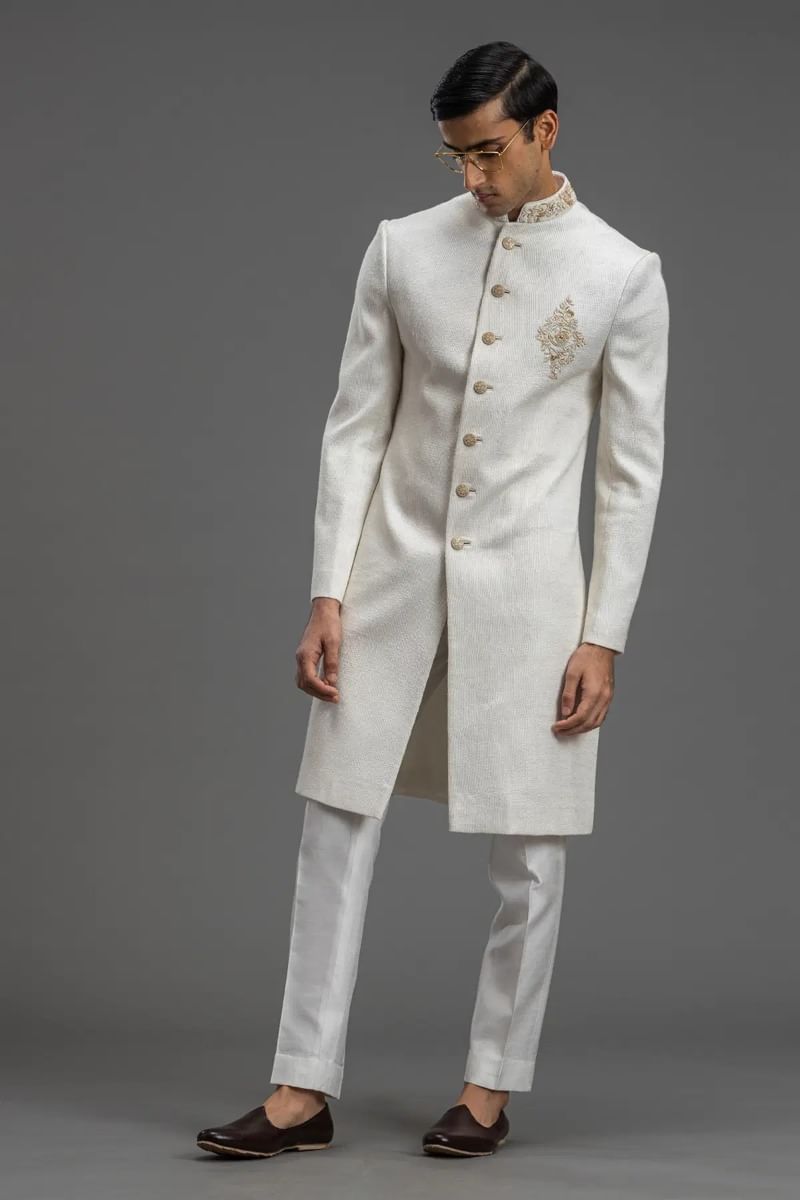 Off-White Zardosi Jute Indo-Western Sherwani (2-Piece) - Image 4