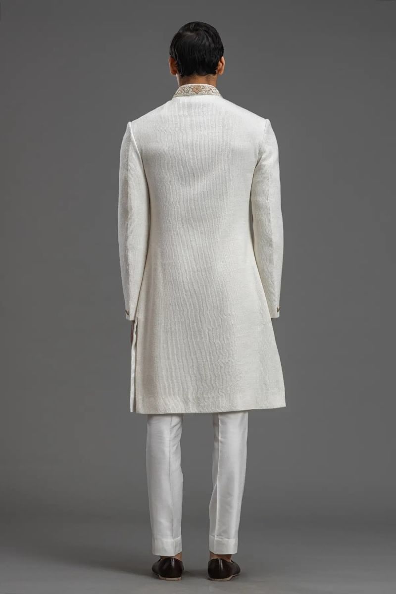 Off-White Zardosi Jute Indo-Western Sherwani (2-Piece) - Image 5