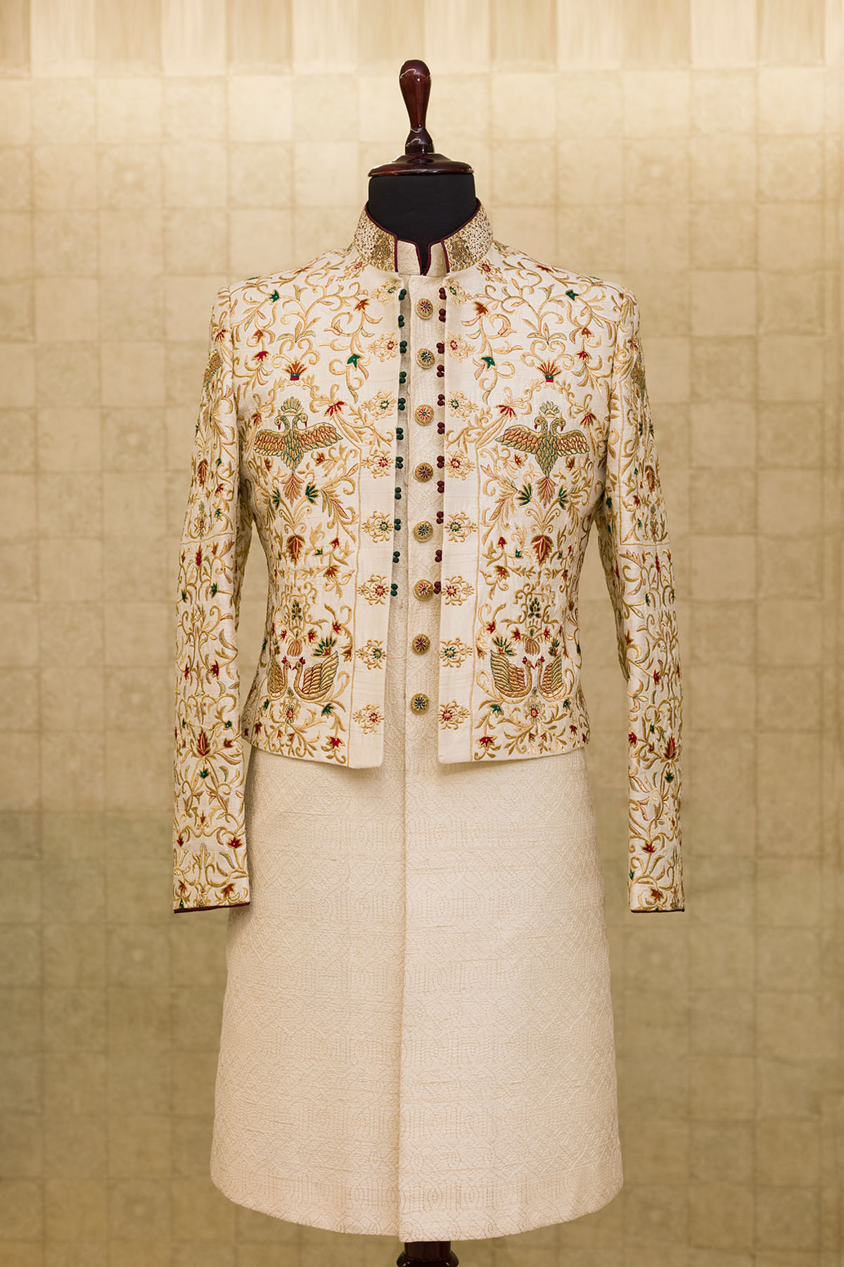 Off-White Resham Embroidered Silk Indo-Western Sherwani (2-Piece) - Image 1