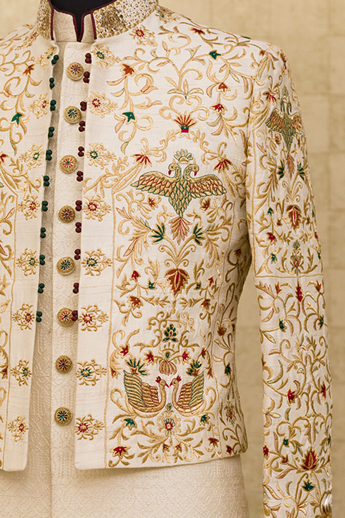 Off-White Resham Embroidered Silk Indo-Western Sherwani (2-Piece) - Image 2