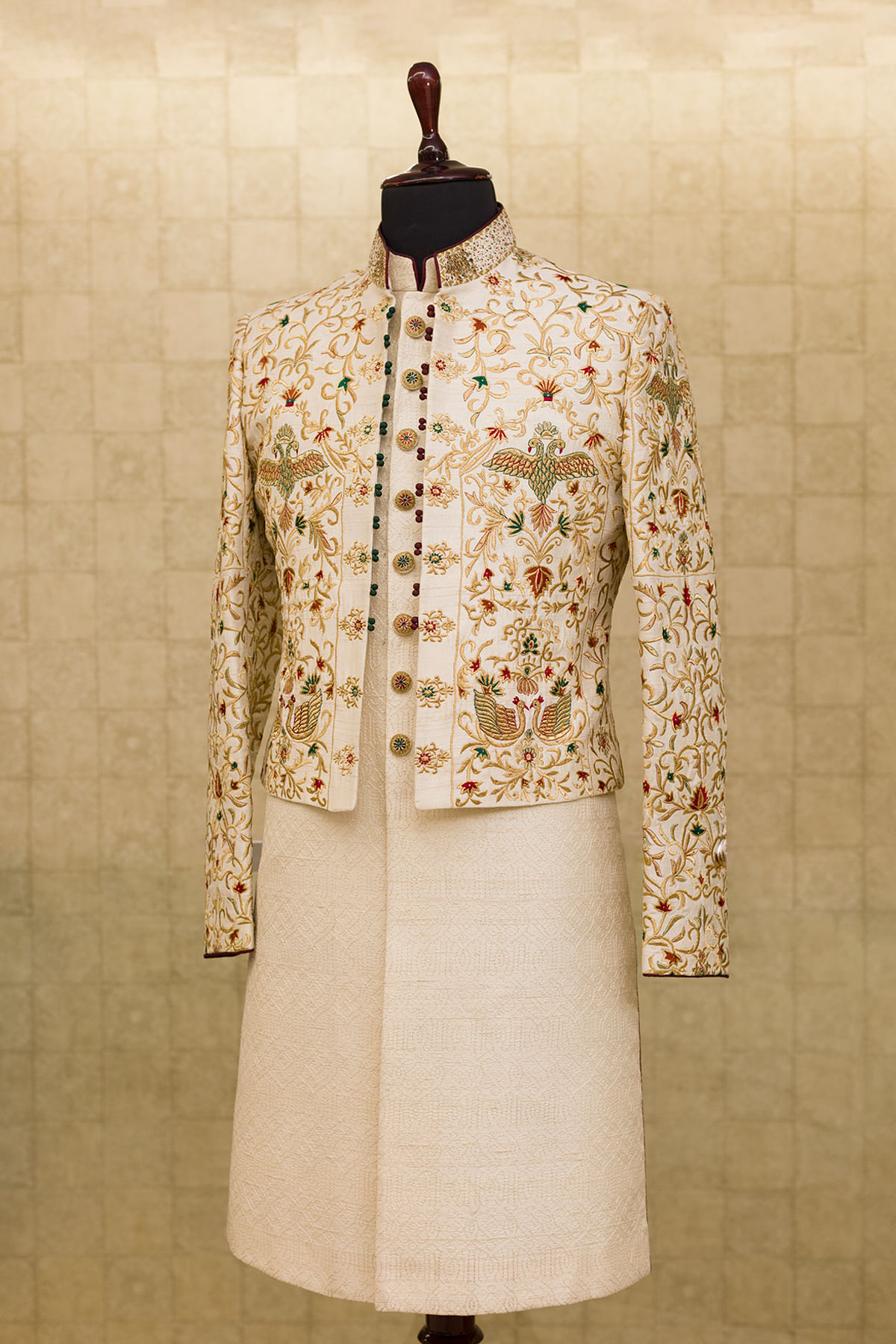 Off-White Resham Embroidered Silk Indo-Western Sherwani (2-Piece) - Image 3