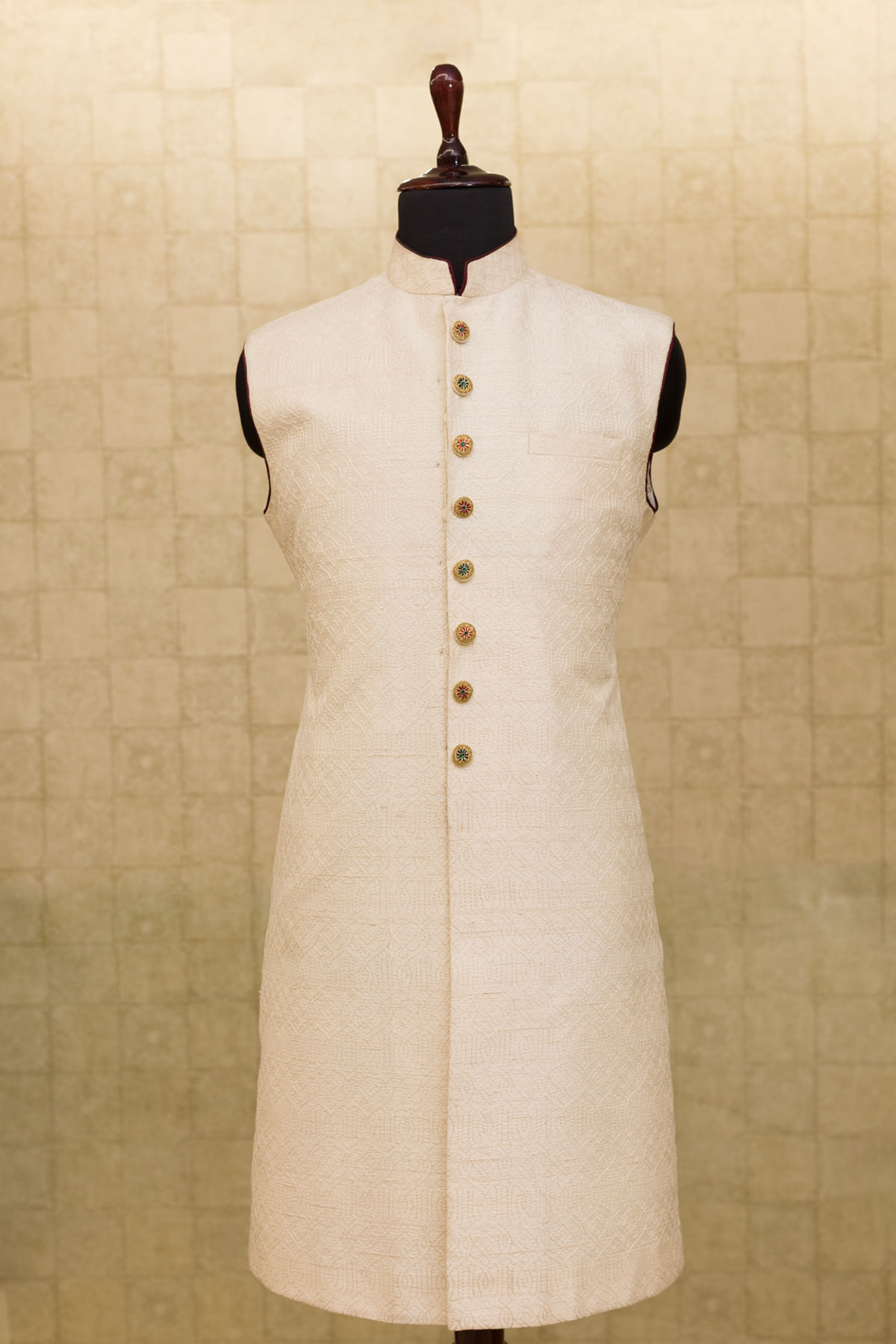 Off-White Resham Embroidered Silk Indo-Western Sherwani (2-Piece) - Image 5