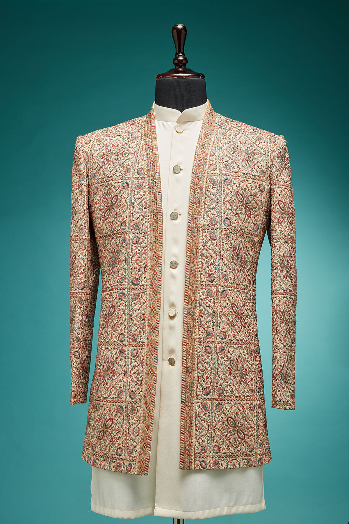 Off White Resham & Sequin Silk Sherwani (3-Piece) - Image 1