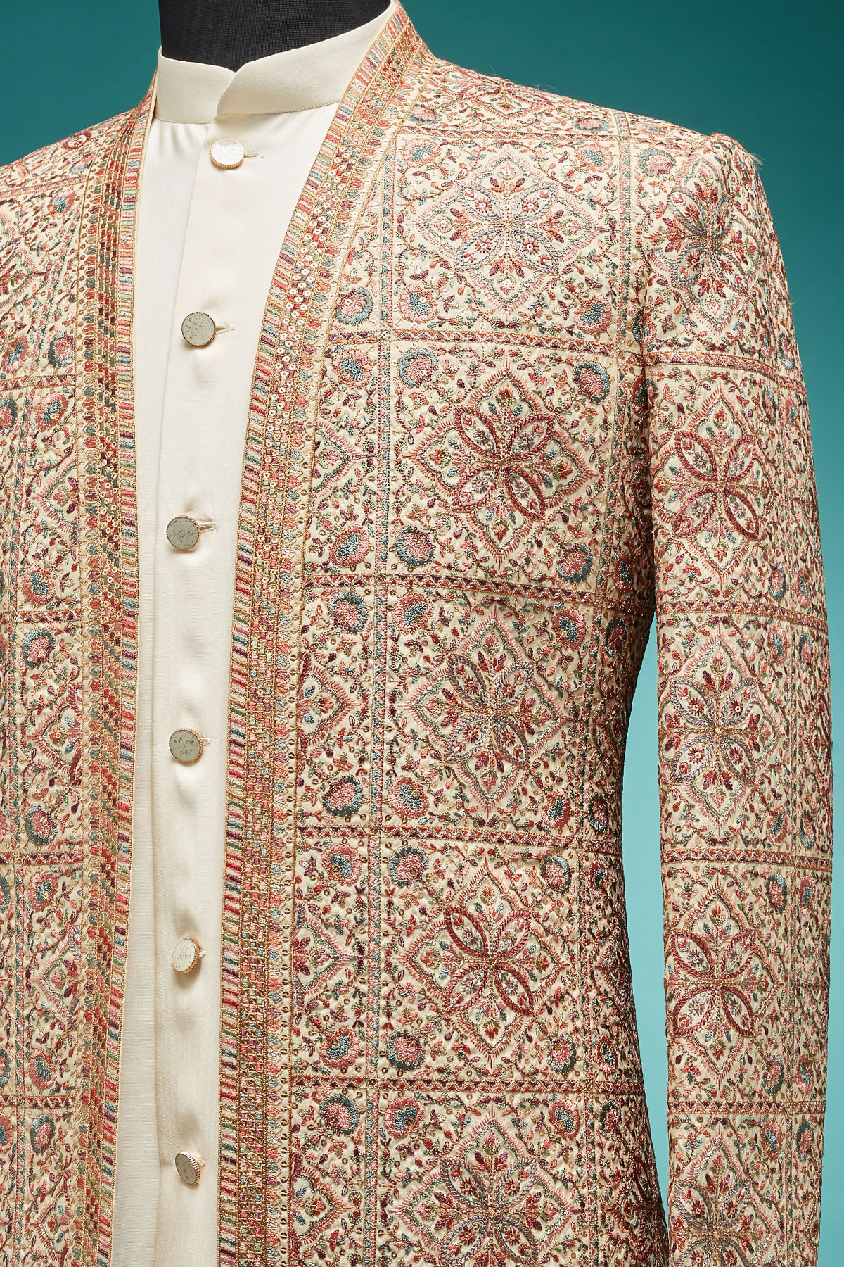 Off White Resham & Sequin Silk Sherwani (3-Piece) - Image 2