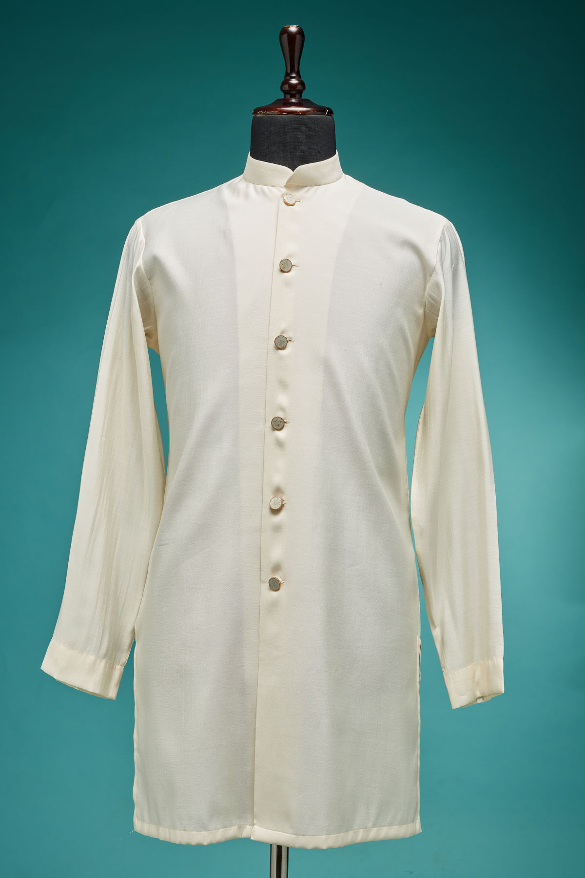 Off White Resham & Sequin Silk Sherwani (3-Piece) - Image 3