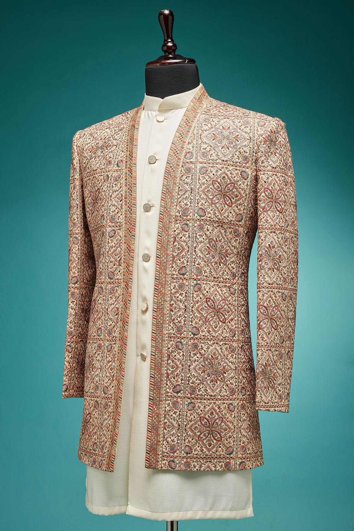 Off White Resham & Sequin Silk Sherwani (3-Piece) - Image 4