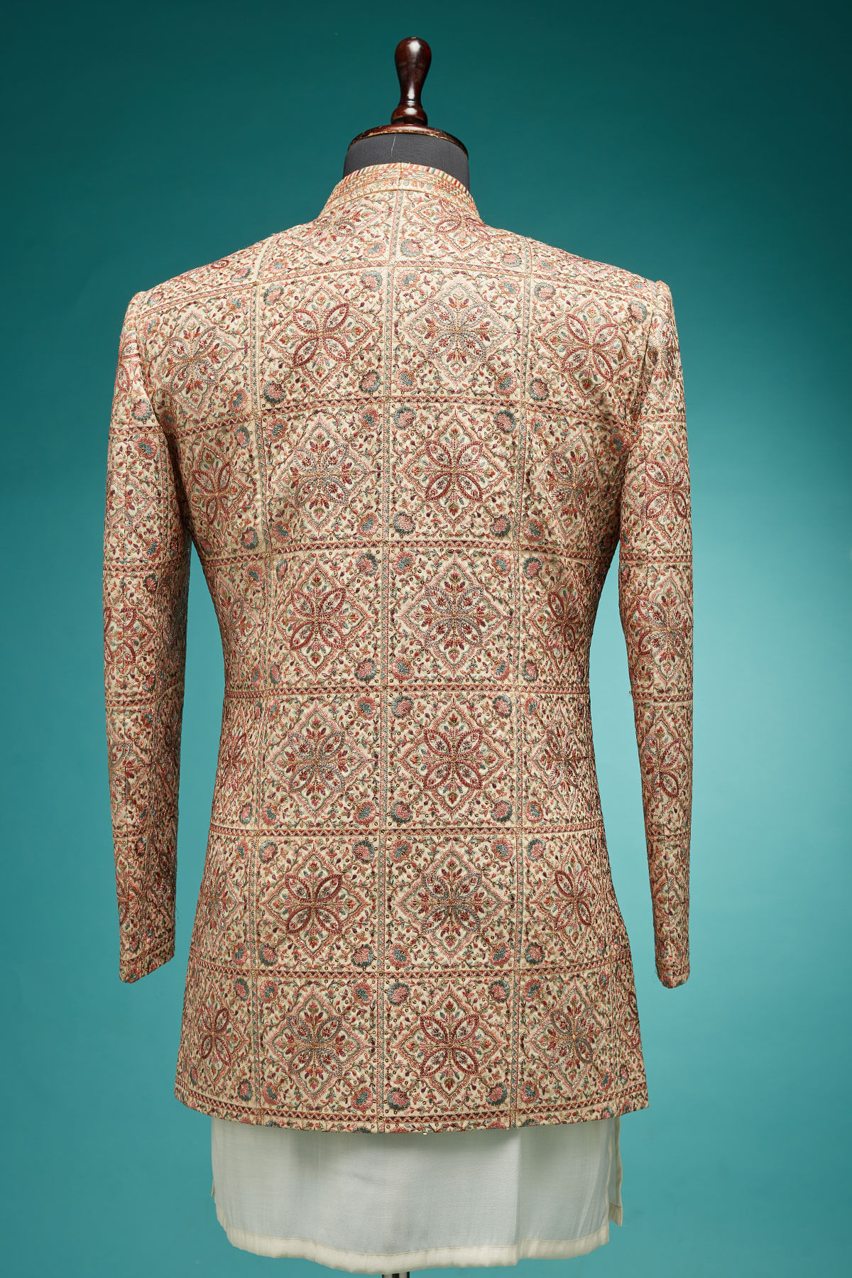 Off White Resham & Sequin Silk Sherwani (3-Piece) - Image 5