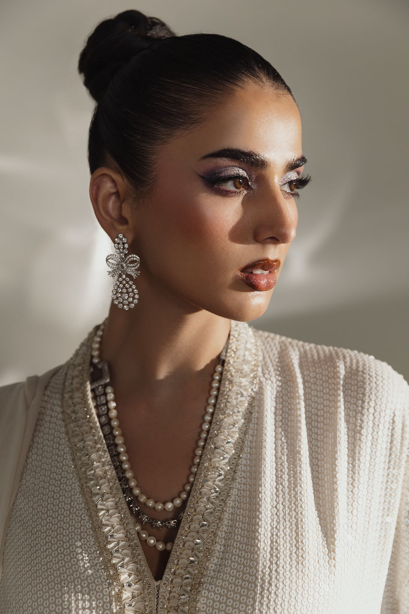 Pakistani Ivory Sequined Chiffon Satin Long Jacket (3-Piece) - Image 3