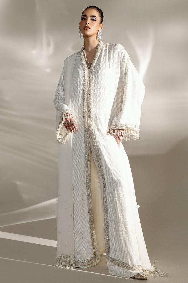 Pakistani Ivory Sequined Chiffon Satin Long Jacket (3-Piece) - Image 4