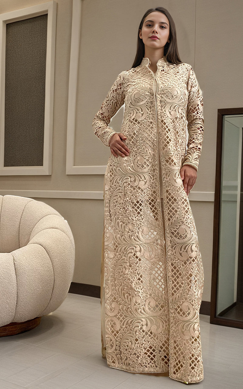 Ivory Embroidered Organza Long Jacket (1-Pc) - Image 1