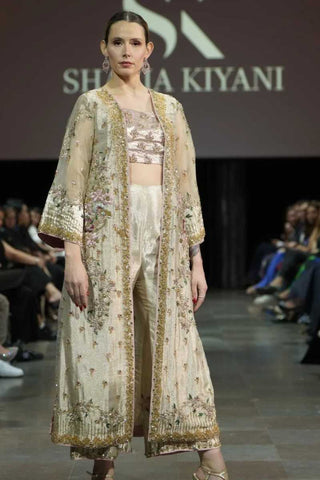 Pakistani Ivory Embroidered Net Jacket Set (3-Piece) - Image 2