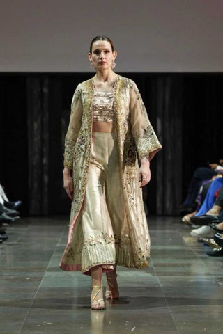 Pakistani Ivory Embroidered Net Jacket Set (3-Piece) - Image 3