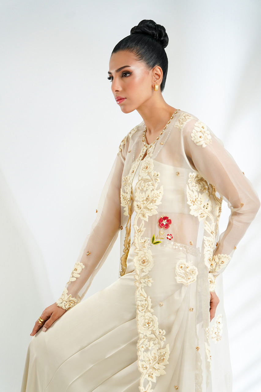 Ivory Embroidered Organza & Charmeuse Jacket Set (3-Piece) - Image 3