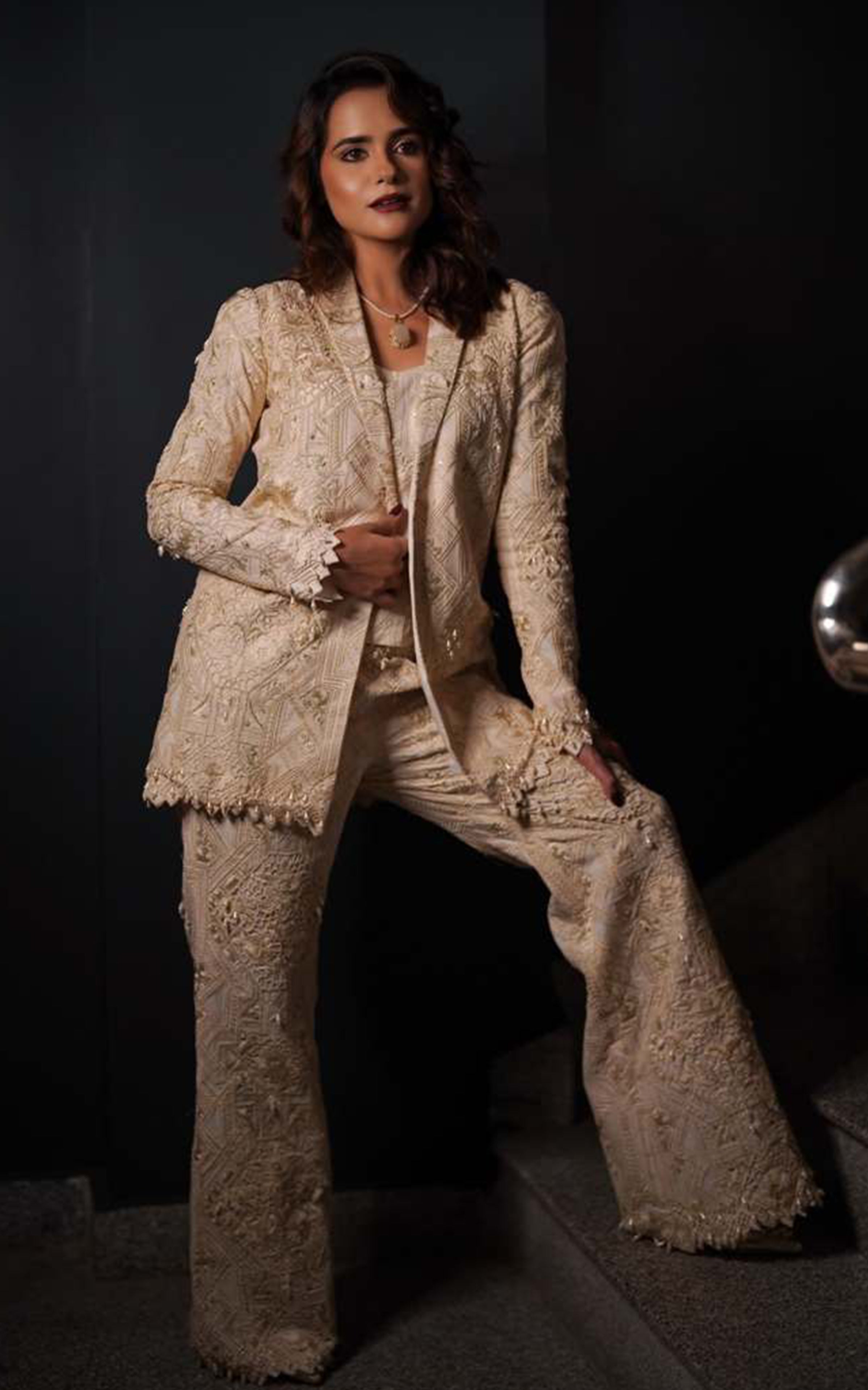 Pakistani Ivory Embroidered Organza Jacket Set (3-Piece) - Image 1