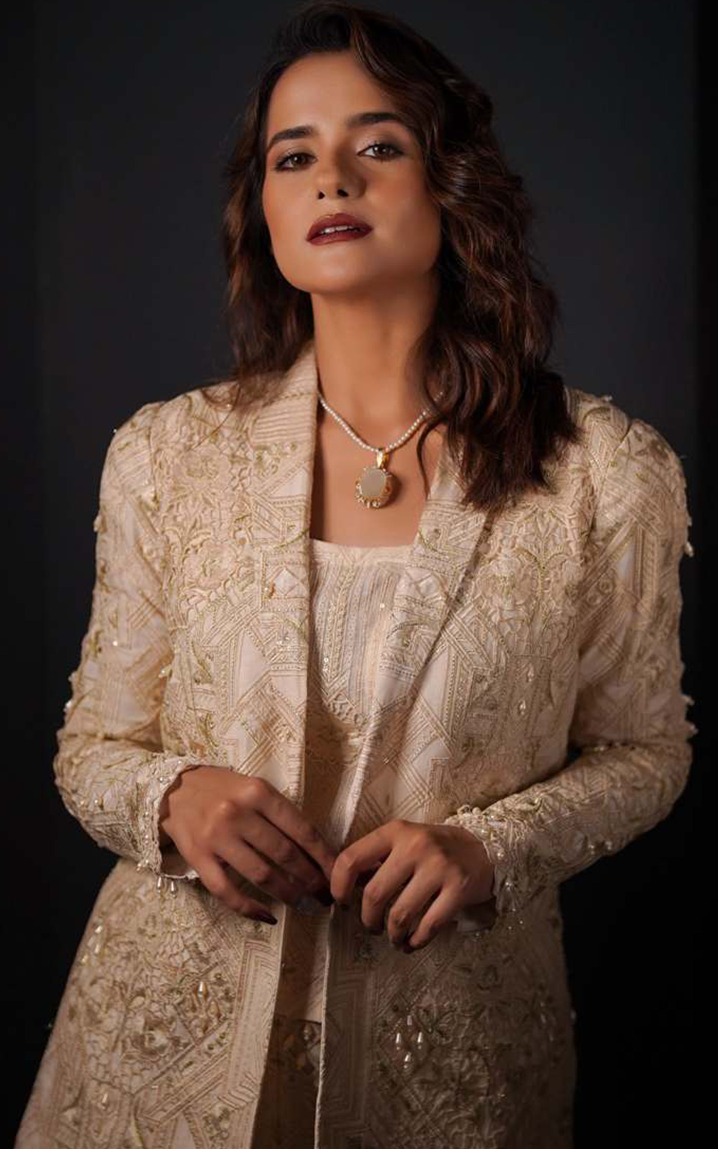 Pakistani Ivory Embroidered Organza Jacket Set (3-Piece) - Image 2