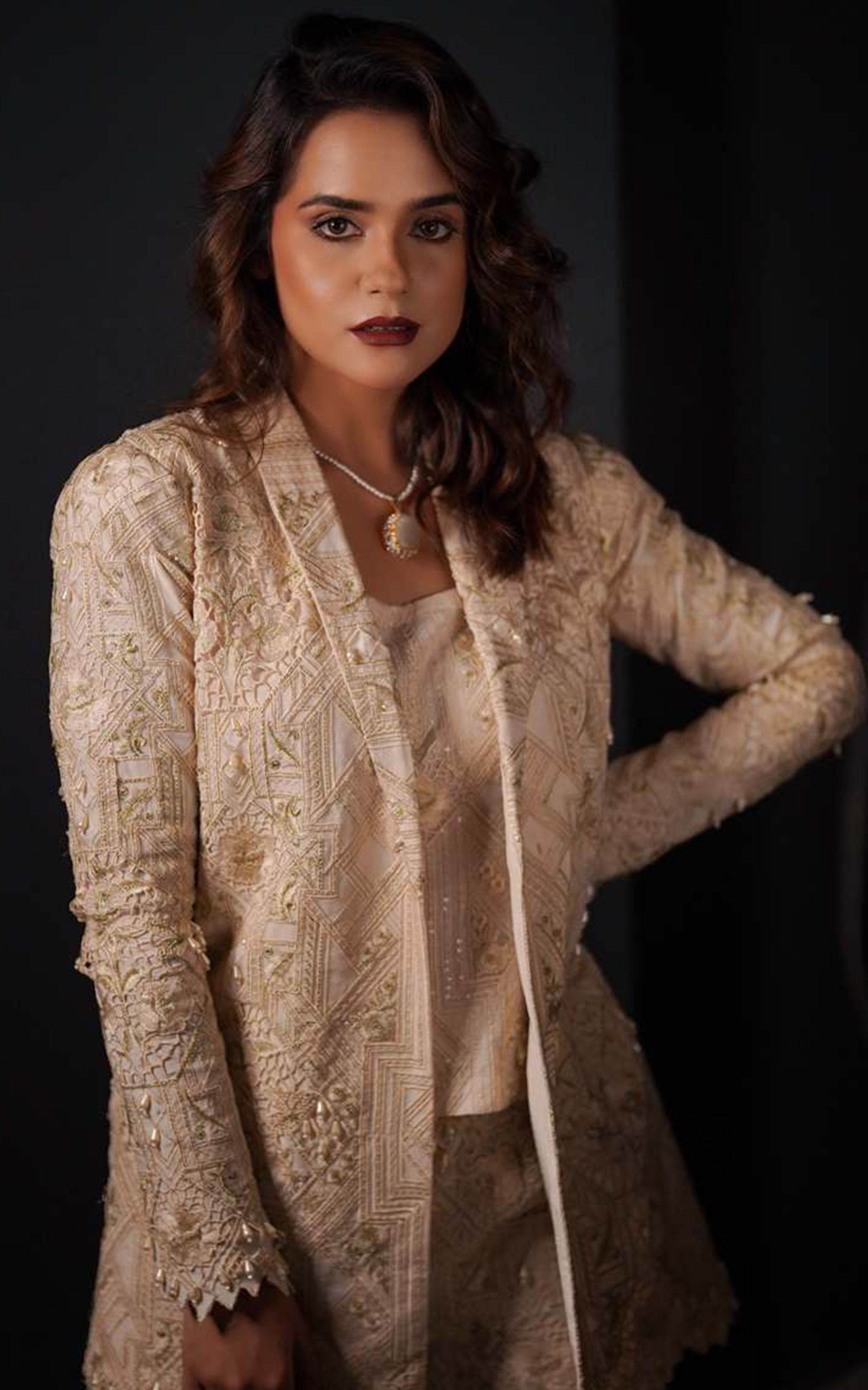 Pakistani Ivory Embroidered Organza Jacket Set (3-Piece) - Image 6