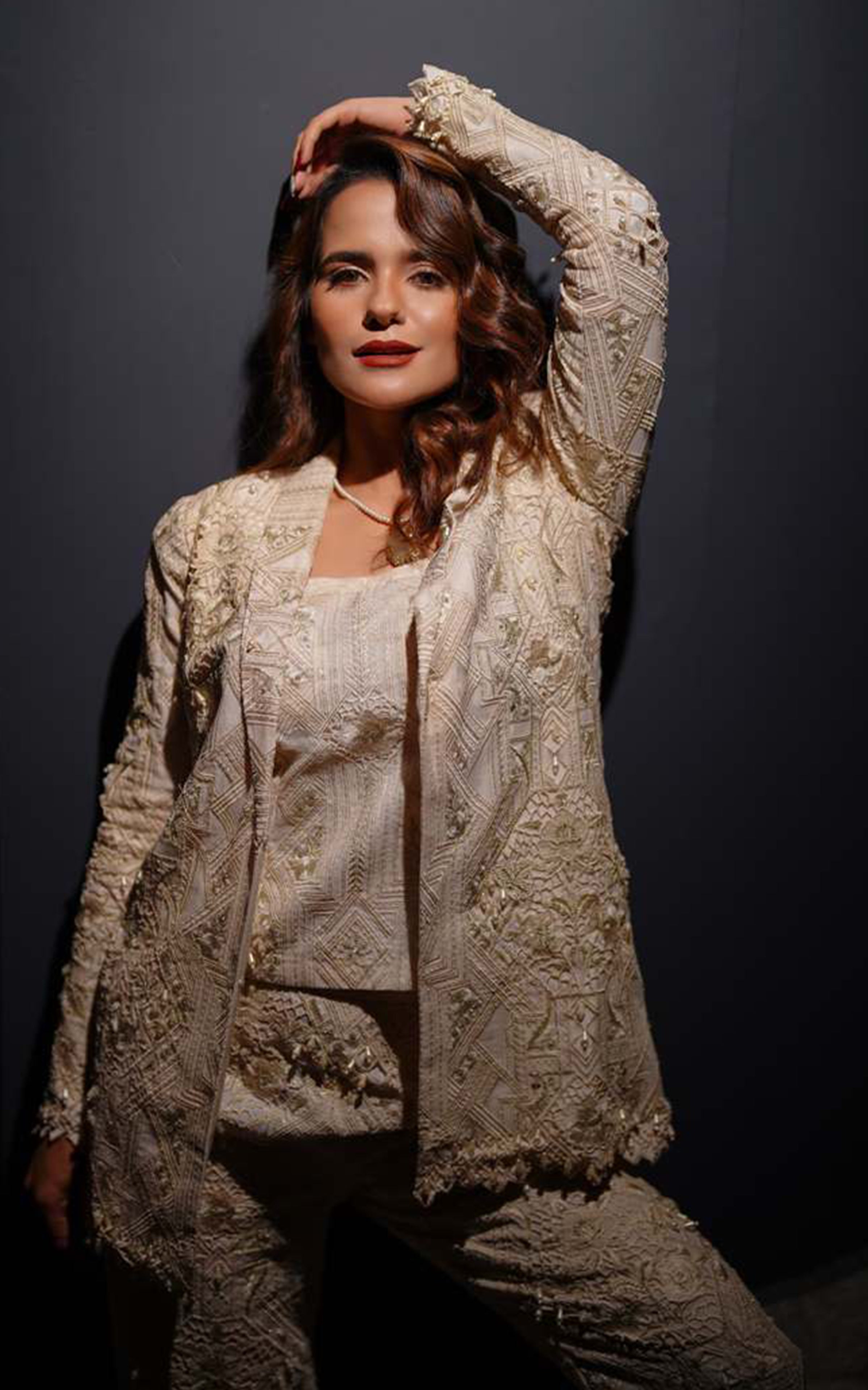 Pakistani Ivory Embroidered Organza Jacket Set (3-Piece) - Image 7