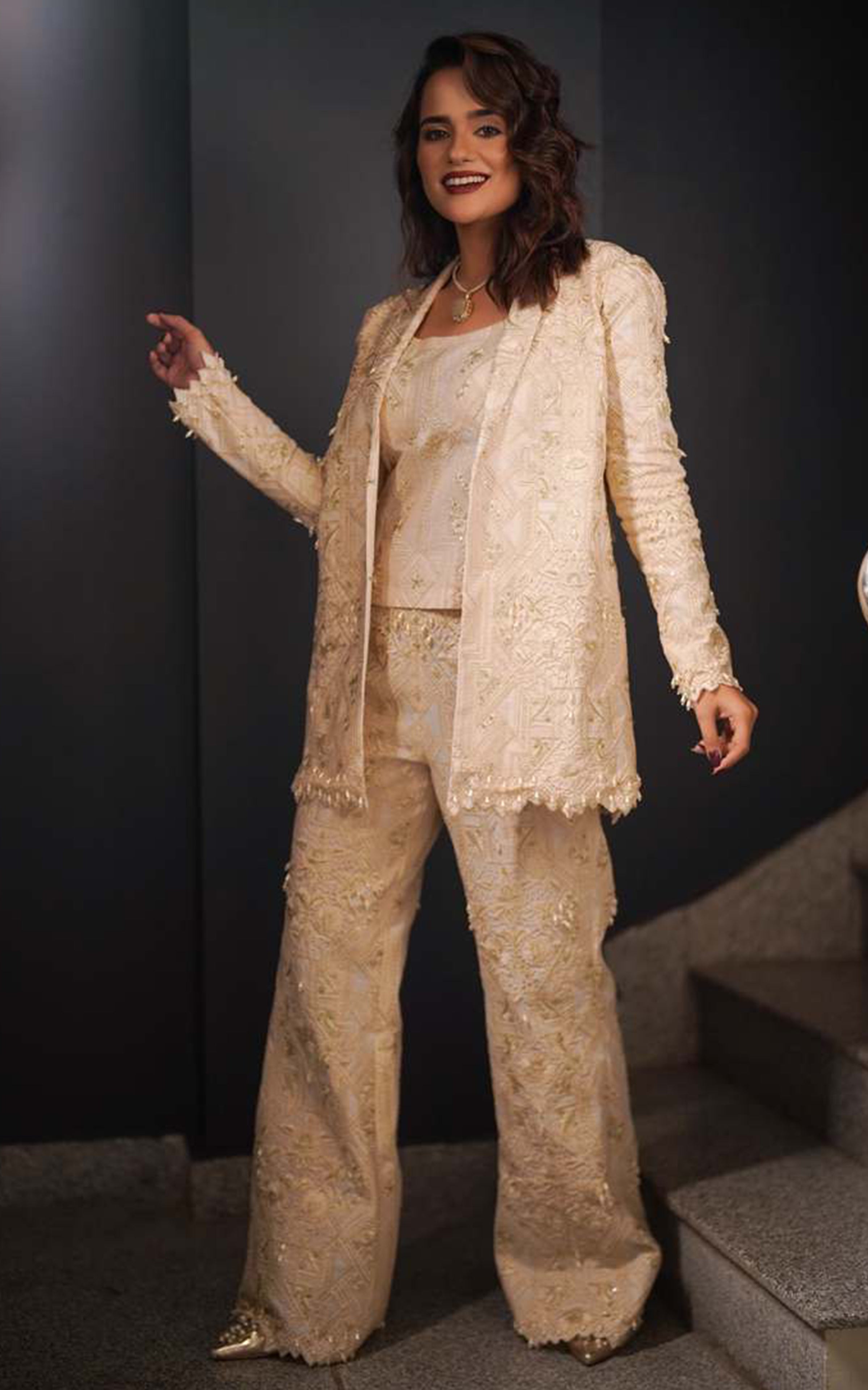 Pakistani Ivory Embroidered Organza Jacket Set (3-Piece) - Image 8